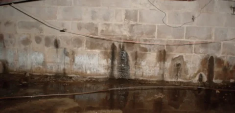 A flooded basement with water running down the side of it.